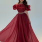 Burgundy A Line Off the Shoulder Beaded Organza Prom Dress Wedding Guest Dress SH6015