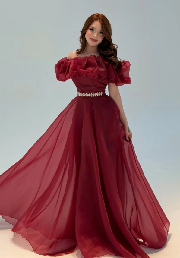Burgundy A Line Off the Shoulder Beaded Organza Prom Dress Wedding Guest Dress SH6015