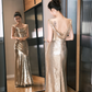 Shiny A Line Straps Golden Sequin Long Party Dress Wedding Guest Dress with Slit SH2929