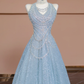 Dreamy Baby Blue A Line Halter Sequin Beaded Tulle Long Prom Dress Party Dress SH4362
