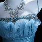 Dreamy Blue Vintage Mermaid Straps Beaded Pleated Organza Long Graduation Prom Dress SH5276