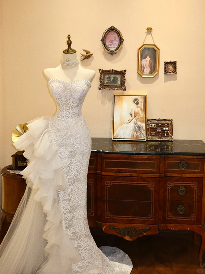 Modern Mermaid Strapless White Lace Tulle Long Prom Dress Wedding Dress SH7395