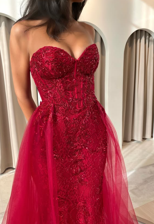 Sexy Red Mermaid Sweetheart Neck Sequin Tulle Long Prom Dress Party Evening Dress SH5707