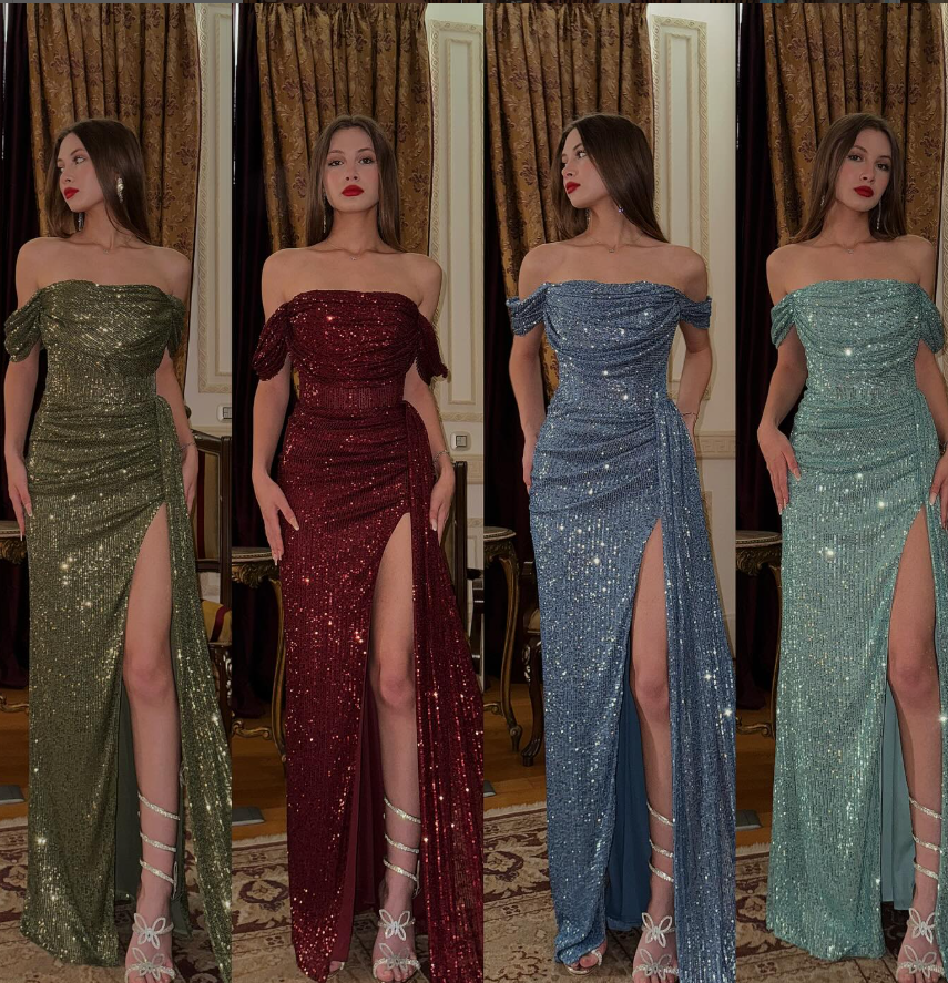 Elegant Blue Shiny A Line Off the Shoulder Sequin Long Evening Dress Prom Dress SH4828