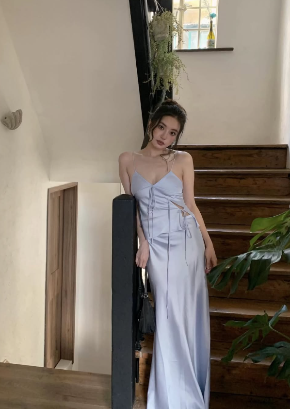 Two Piece Light Purple Sheath Spaghetti Strap Satin Long Prom Dress Evening Dress SH8808