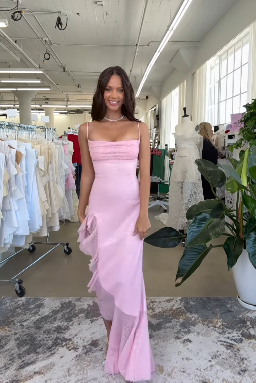 Pink Mermaid Spaghetti Strap Sequin Ruffle Long Prom Dress 16th Birthday Dress with Slit SH4511