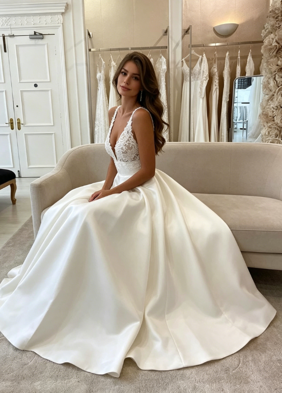 White v neck satin lace long prom dress evening dress A08