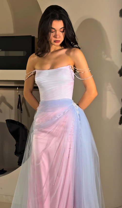 Fairy Pink-blue Ombre A Line Exquisite Beaded Tulle Long Prom Dress Evening Dress SH6748