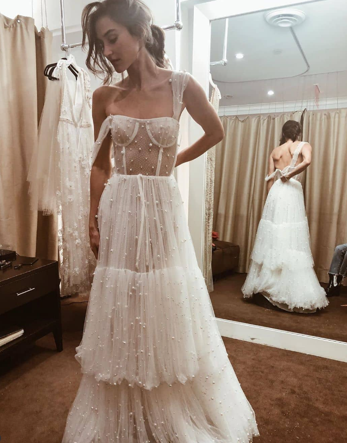 Pearl Ball Gown Spaghetti Strap White Tulle Prom Dress Wedding Dress SH4665