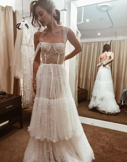 Pearl Ball Gown Spaghetti Strap White Tulle Prom Dress Wedding Dress SH4665