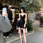 Sexy Black A Line Spaghetti Strap Satin Short Homecoming Dress Outfits SH5833