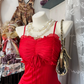 Sexy Vintage Mermaid Straps Ruffle Red Chiffon Long Prom Dress SH5254