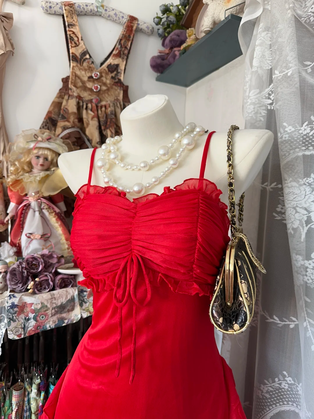 Sexy Vintage Mermaid Straps Ruffle Red Chiffon Long Prom Dress SH5254