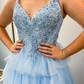 Baby Blue A Line Spaghetti Strap Applique Layered Tulle Prom Dress Evening Dress SH6770