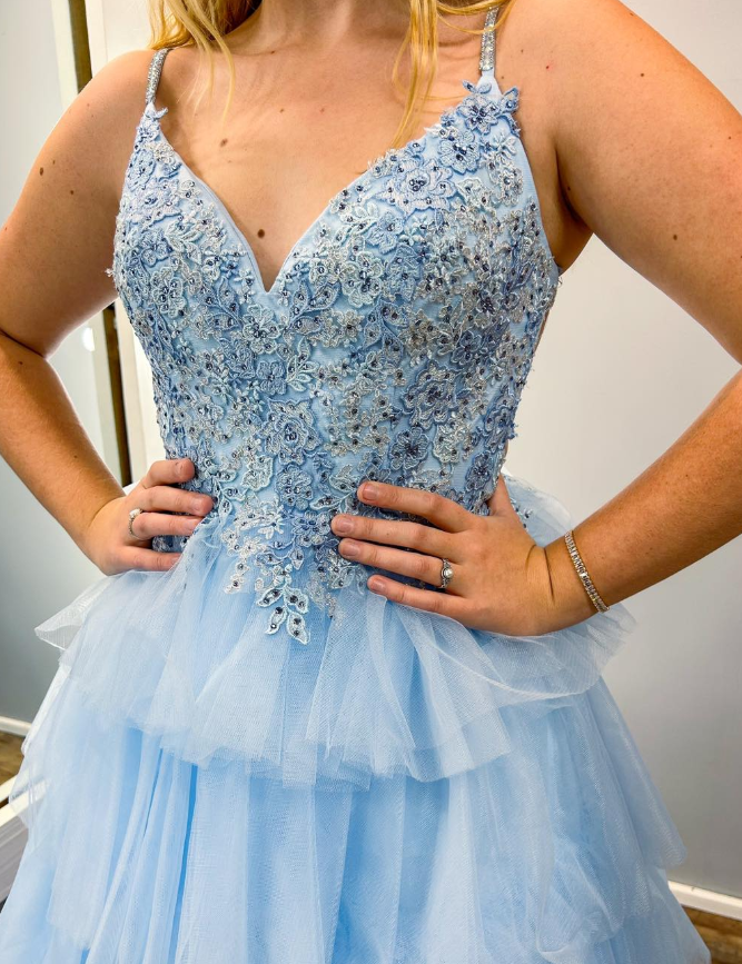 Baby Blue A Line Spaghetti Strap Applique Layered Tulle Prom Dress Evening Dress SH6770