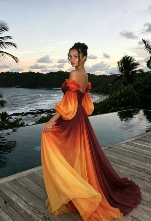 Unique A Line Long Sleeve Orange Ombre Chiffon Prom Dress Evening Dress SH2363 Unique A Line Long Sleeve Orange Ombre Chiffon Prom Dress Evening Dress SH2363
