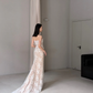 Apricot Sheath Strapless Lace Long Train Wedding Dress SH7723