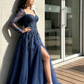 Blue Long Sleeves Slit Prom Dress Long Party Dress Evening Dress SH903