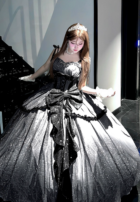 Stunning Black Bow A Line Sequin Lolita Goth Boning Dress Prom Dress SH4912