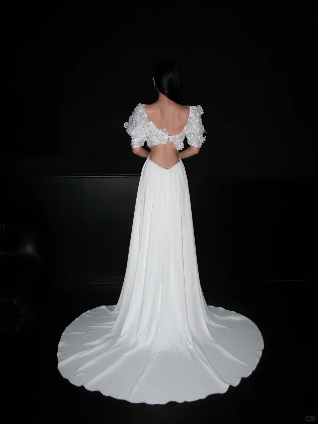 Cute Puff Sleeve A Line White Lace Satin Long Wedding Dress SH5978