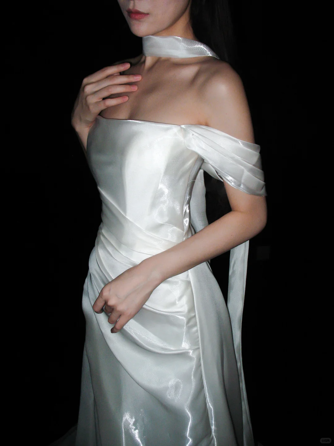 Elegant A Line Off the Shoulder White Pleated Satin Long Wedding Dress SH8906