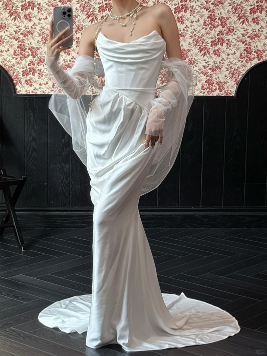 Elegant Simple Sheath Strapless White Pleated Satin Long Wedding Dress SH4755
