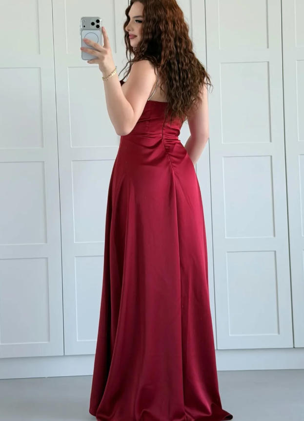 Elegant Burgundy A Line Spaghetti Strap Satin Slit Long Prom Dress Evening Dress SH7307