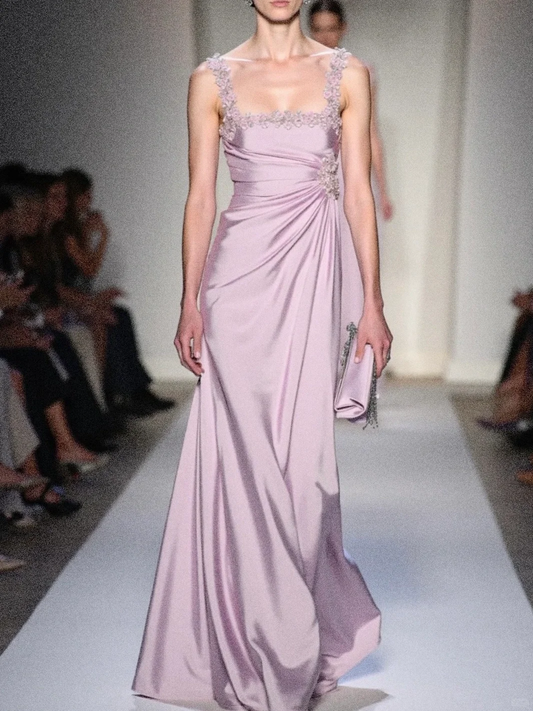 Gentle Purple A Line Straps Appliques Satin Long Prom Dress Date Dress SH4893