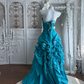 Vintage Blue A Line Strapless Lace Applique Pleated Satin Prom Dress Sweet 16 Dress SH5790