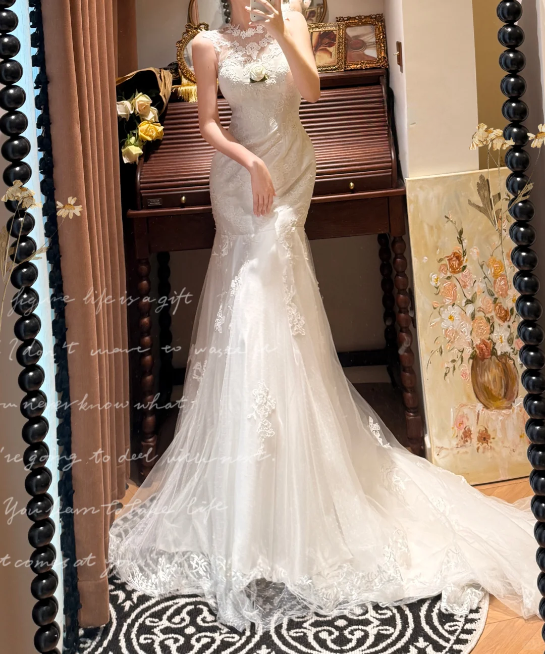 Vintage Mermaid Round Neck White Lace Prom Dresses 18th Birthday Dresses SH4643