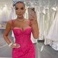 Sexy Hot Pink Sheath Straps Lace Long Prom Dress Date Dress with Slit SH5567