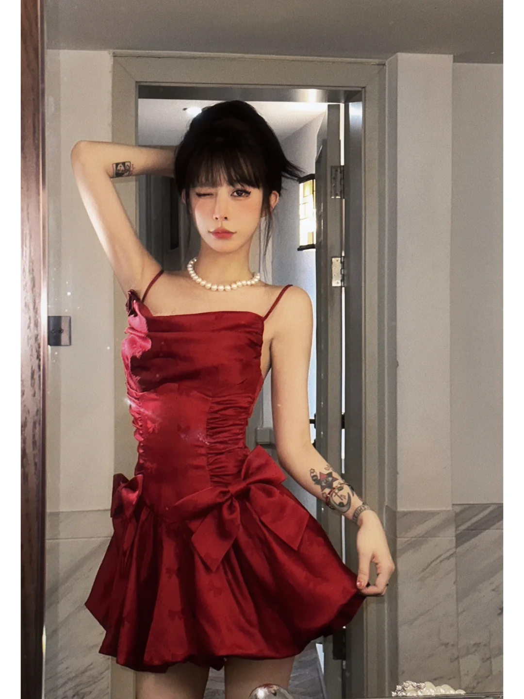 Sexy Red Bow A Line Spaghetti Strap Satin Short Homecoming Dress Outfits SH5827