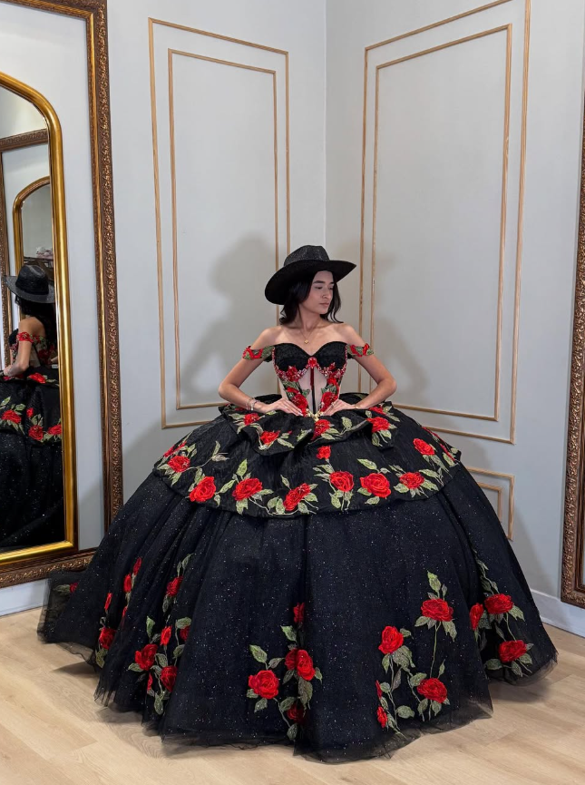 Sexy Red Flower Ball Gown Off the Shoulder Black Tulle Sweet 16 Dress Party Gowns Quinceanera Dresses SH3555