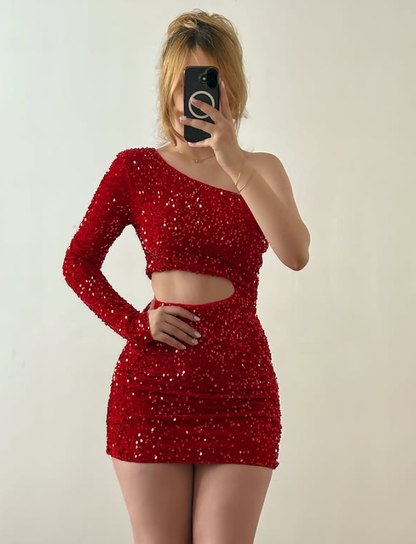 Red Sheath One Sleeve Sequin Short Prom Dress Homecoming Dress Outfits SH6858