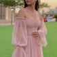 Pink Tulle Sweetheart Neck Long Sleeves Prom Dress Evening Dress SH1012