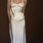 Romantic Ivory A Line Straps Corset Satin Long Prom Dress Outfits SH4979