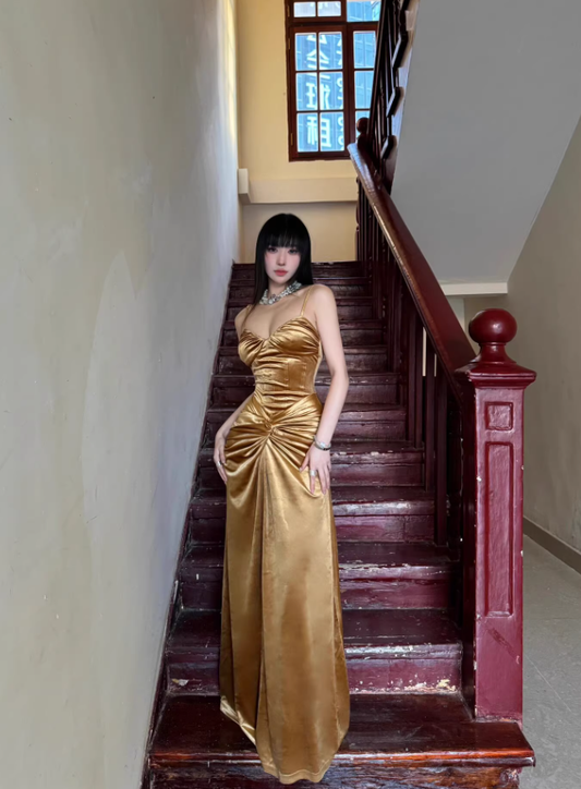 Golden A Line Spaghetti Strap Pleated Velvet Prom Dress Party Dress SH4390