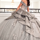 Silver Ball Gown Applique Lace Sequin Tulle Satin Long Prom Dress Quinceanera Dress SH5166