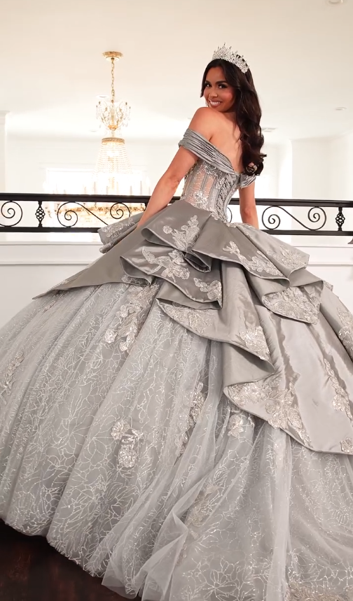 Silver Ball Gown Applique Lace Sequin Tulle Satin Long Prom Dress Quinceanera Dress SH5166