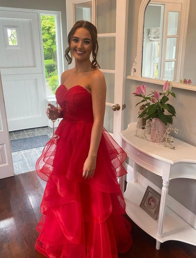 Charming Red A Line Sweetheart Neck Layered Organza Prom Dress Evening Dress SH6707