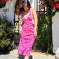Romantic Pink Print Floral Sheath V Neck Chiffon Prom Dress Vacation Dress SH6259