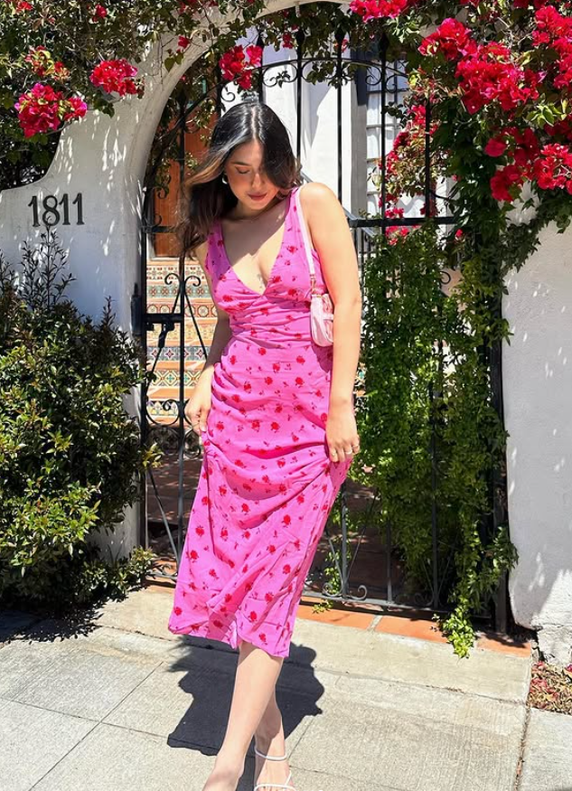 Romantic Pink Print Floral Sheath V Neck Chiffon Prom Dress Vacation Dress SH6259