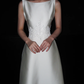 Backless Simple A Line White Beaded Lace Satin Long Wedding Dress SH5969