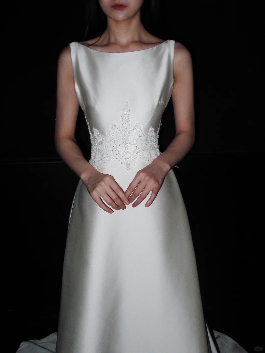 Backless Simple A Line White Beaded Lace Satin Long Wedding Dress SH5969