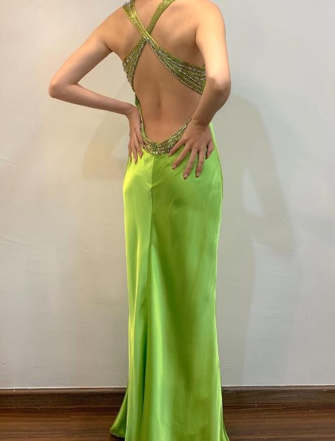 Vintage Sheath Strap Beaded Sequin Green Satin Open Back Prom Dress Evening Dress SH2163