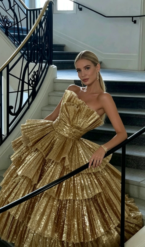 Luxurious Gold Strapless Pleated Irregular Neck Layered Prom Dress Ball Gown Quinceañera Party Dress SH1016