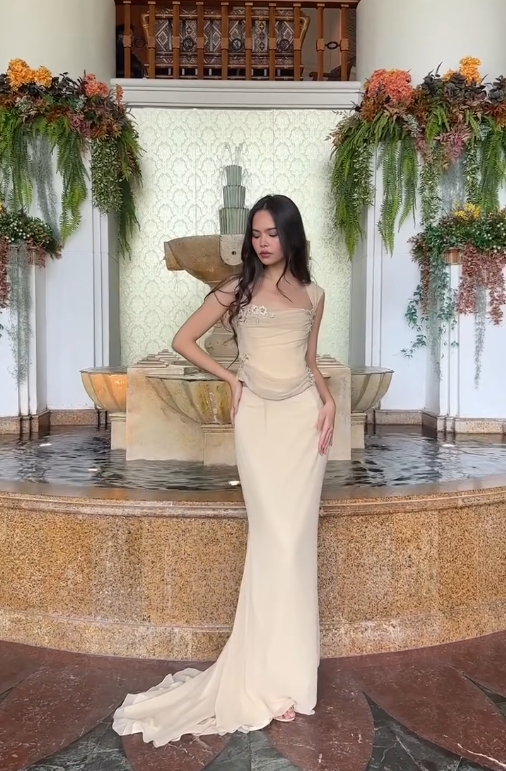 Sexy Two Piece Mermaid Straps Appliques Apricot Chiffon Long Prom Dress SH5339