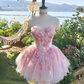 Pink Floral A Line Strapless Tulle Short Prom Dress Homecoming Dress SH7186