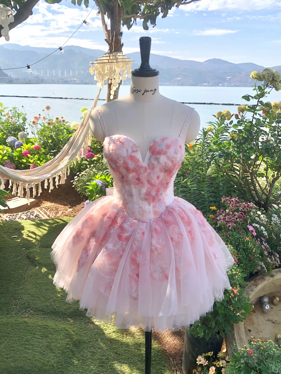 Pink Floral A Line Strapless Tulle Short Prom Dress Homecoming Dress SH7186