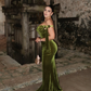 Elegant Mermaid Off the Shoulder Green Velvet Long Prom Dress Evening Dress SH2023